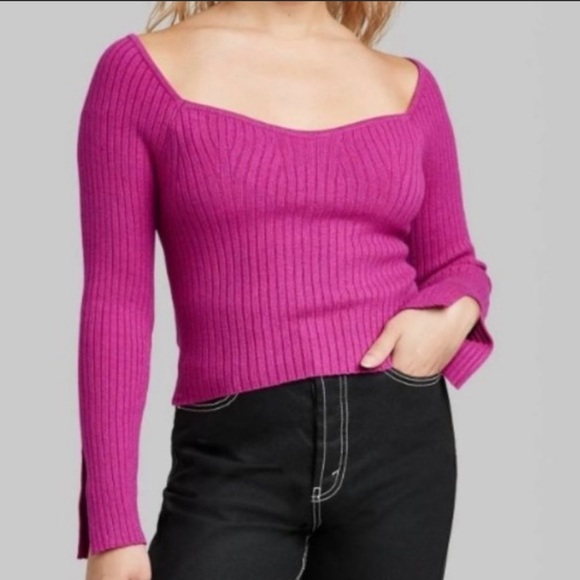Wild Fable Purple Crop Knit Sweater Sweetheart Neck Split Wrist Long Sle… - Picture 2 of 9